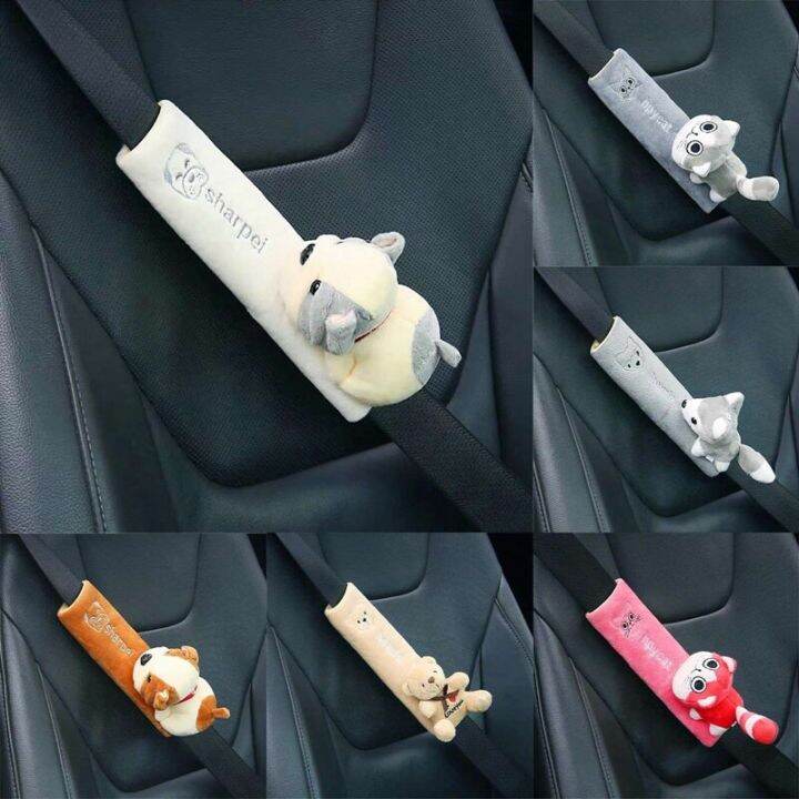 car-seat-belt-cover-cute-cat-dog-doll-plush-shoulder-harness-cushion-cartoon-seatbelt-shoulder-protector-auto-neck-support-pad-adhesives-tape