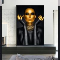 Black Gold Modern Woman ภาพวาดผ้าใบ Wall Art โปสเตอร์พิมพ์ Gold Face Girl Art ภาพตกแต่งบ้าน Cuadro