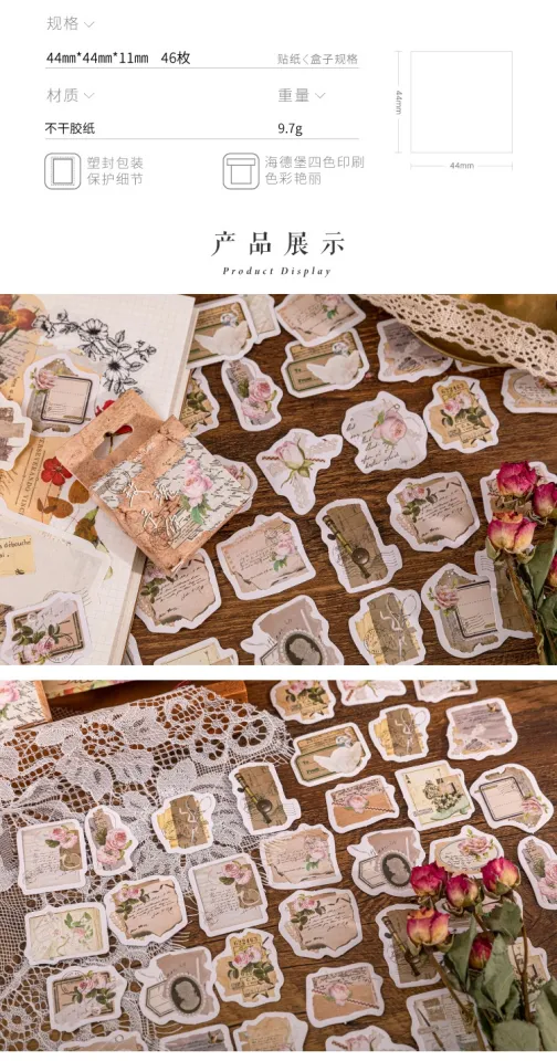 46 Pcs Kawaii Vintage Paper Stationery Sticker Set Flowers Letters For Gift  Packing Scrapbooking Album Planner Journal Arts Diy