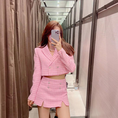 ZATRHMBM 2022 Womens SpringSummer New Short Sweet Pink Houndstooth Texture Double Breasted Womens jacket