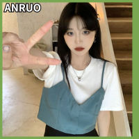 Anruo สองชิ้นปลอมเสื้อเชิ๊ตแขนสั้นสะดือสีแดง Cewek Seksi 2023ใหม่ล่าสุดดีไซน์แบบเซ้นเซ้นของผู้หญิง