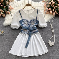 Summer New Fashion Temperament Retro Bubble Sleeve Dress with Diamonds and Beaded Camisole Fashion Two-piece Suit DK638