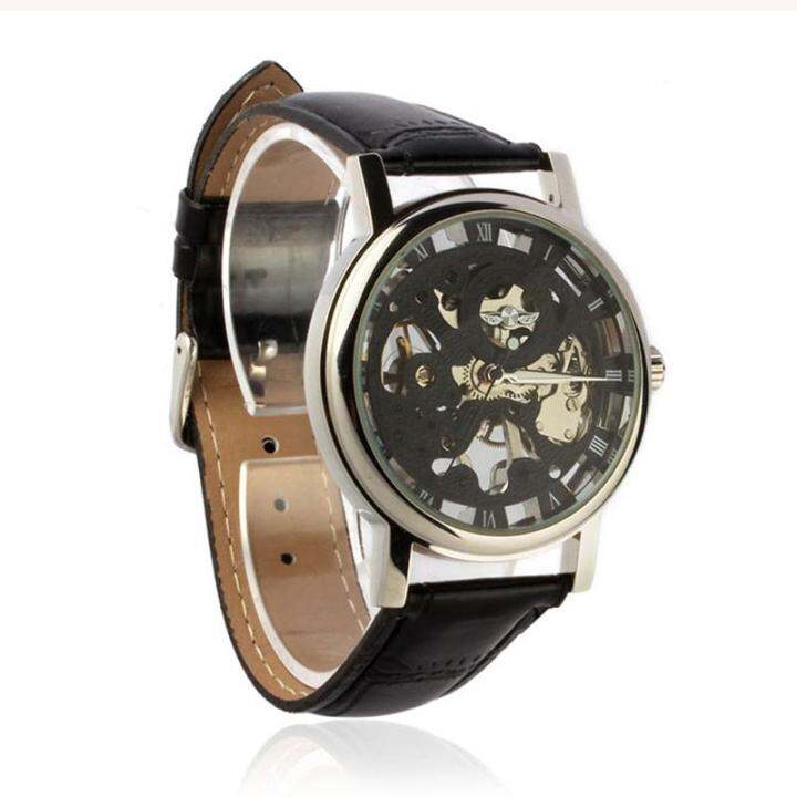 WINNER Mens Mechanical Skeleton Watch Hand Wind Up Leather Strap