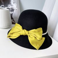 Hepburn Style Australian Wool Felt Hat, Women’S Autumn And Winter Satin Bow Bow Bow Hat, With A Solid Color Fashion Bowl Hat