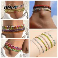 TIMIA สีสันสดใส สร้อยข้อเท้าลูกปัดสีสันโบฮีเมียน หลายชั้น ปรับได้ปรับได้ เรโทร งานทำมือ สำหรับผู้หญิง