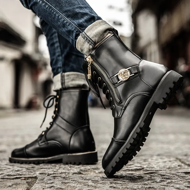 HOT ○306 Men's Fashion Motorcycle Boots Casual Round Toe Biker Boots Autumn  PU Leather Lace-up Martin Boots Outdoor Zip High Tops Shoes Black |  