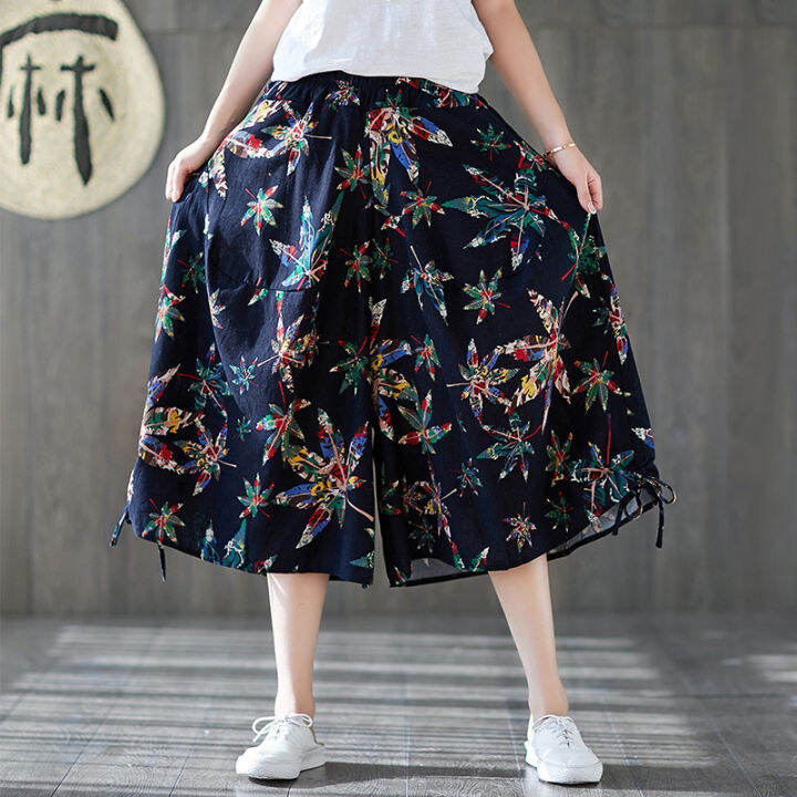 2022spring-summer-womens-wear-new-cotton-and-linen-ethnic-style-plus-size-bloomers-wide-leg-elastic-waist-capri-pants