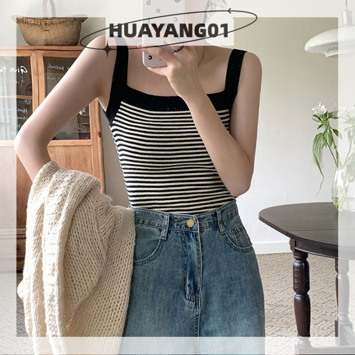 huayang01-2023-new-hot-fashion-lazlook-vintage-stripe-ถักถังด้านบนฤดูร้อนผู้หญิงแขนกุด-slim-bra-crop-top