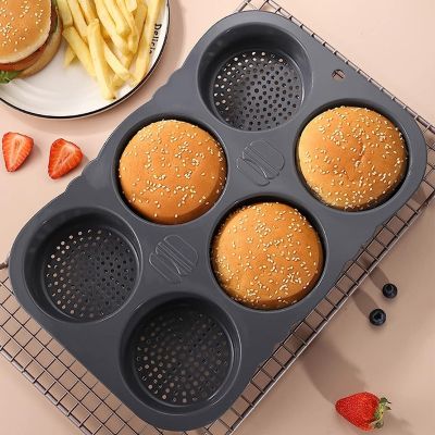 ถาดอบขนมปังนุ่มกลมสำหรับขนมปังเบอร์เกอร์เบเกิล6-Cavity Hamburger Bun Mold