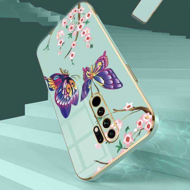 เคสสำหรับ-redmi-9-redmi-9-prime-xiaomi-poco-m2ผีเสื้อสวยงามหรูหราพร้อมกล้องดอกไม้เคสโทรศัพท์ขอบชุบกรอบซิลิโคนนิ่มพร้อมฟรีสายคล้อง