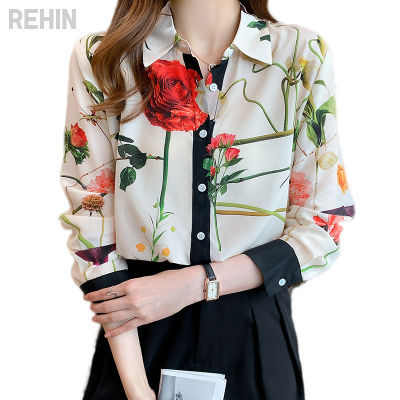 REHIN เสื้อเชิ้ตชีฟองแขนยาวของผู้หญิง,เสื้อเบลาส์ใหม่ฤดูใบไม้ผลิปี2022ดีไซน์ปกพิมพ์ลายบล็อกสี