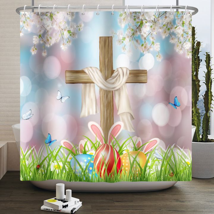 bunny-easter-shower-curtain-rabbit-colorful-egg-flower-wood-cross-backdrop-bathroom-decor-washable-fabric-curtains-with-hooks