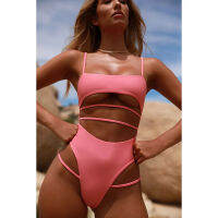 AWomen Solid Bandage ชุดว่ายน้ำชุดว่ายน้ำสีเหลืองสีชมพูสีดำสีฟ้าสูงเอว Cut Out Monokini s 2023M