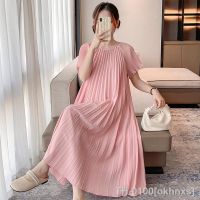 ∈✳✺ Mulher grávida plissado chiffon maternidade vestido meia-panturrilha gravidez roupas com cinto bege e rosa sunmer plus size atacado