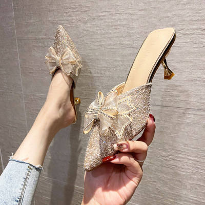 Baotou ครึ่งรองเท้าแตะผู้หญิงใหม่รองเท้าเดี่ยว Fairy Gentle รองเท้าส้นสูงกลางสวมใส่นอก
