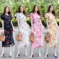 [ส่งไว!] M11788  Maxi dress ลายดอกน่ารักๆ ดีเทลแต่งผ้าระบายด้านหน้า มีโบว์ผูกรูดๆที่กระโปรงด้านหน้า ใส่ได้ 2 แบบจะรูดด้านหน้า หรือใส่แบบเดรสยาวตรงเเลยก้ได้น๊าา