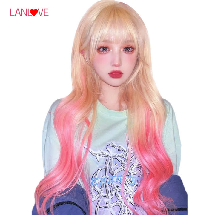 lanlove-วิกผมไล่สีสีทองสีชมพู-วิกผมแฟชั่นทรงคลื่นผมยาวสำหรับผู้หญิง-วิกผมผู้หญิง-วิกสีทองวิกผมสีชมพู