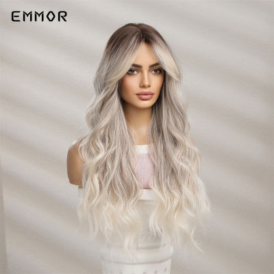 Hot Emmor วิกผมสังเคราะห์ยาวหยักเรียบสำหรับผู้หญิงคอสเพลย์ธรรมชาติ Ombre สีดำถึงสีบลอนด์อ่อนวิกผมเส้นใยอุณหภูมิสูง