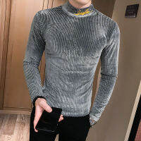 2019 Autumn Velvet T Shirt Embroidery Turtleneck Retro T-Shirt Mens Stripe Casual T-shirts Slim Fit Hip Hop Harajuku T-shirt