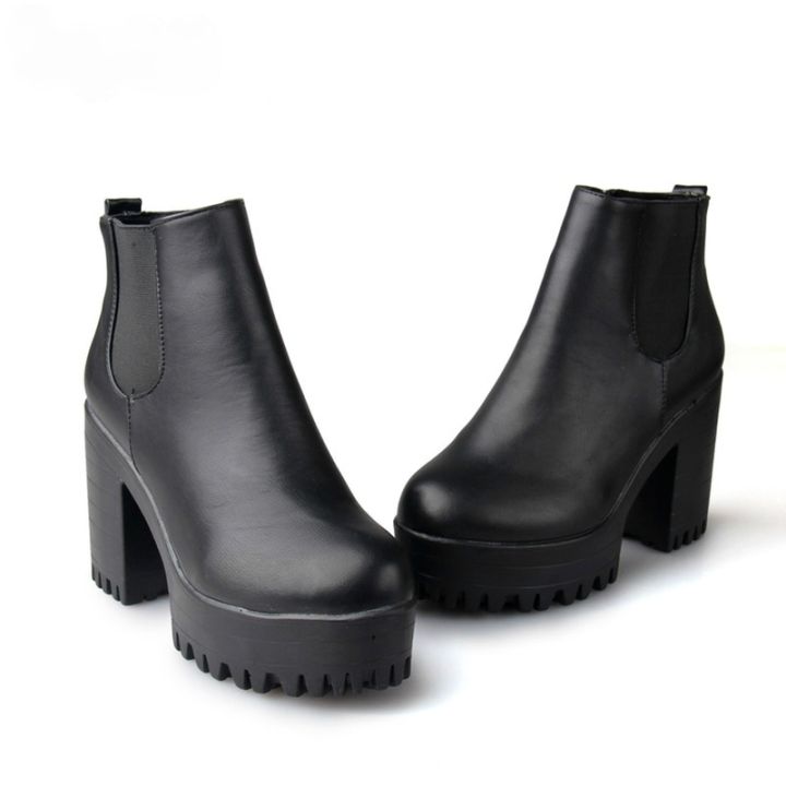 botas-mujer-รองเท้าบูทแฟชั่นสำหรับผู้หญิง-รองเท้าบูทส้นสูงทรงสี่เหลี่ยมหนังพียู