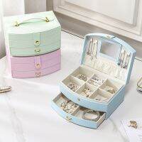 กล่องใส่เครื่องประดับพร้อมลิ้นชักกระจกความจุขนาดใหญ่ PU Leather Portable Double Layers Jewelry Case