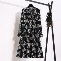 Women Casual Autumn Dresses Female Vintage Floral Printed Chiffon Long Sleeve Bow Midi Spring Dress