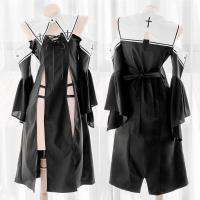 Battle Nun Girl Long Dress Sexy Cross Strapless Nightdress Women Hight Slit Open chest Uniform Set Lolita Vintage Pajamas