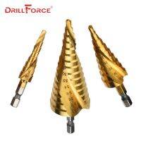 Drillforce 3PCS 4-12 / 20 / 32mm HSS Step Drill Bits Set เกลียวร่องตรงกลางเครื่องตัดรู Hex เจาะ Titanium Cone Drill Bit