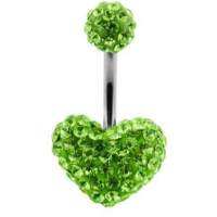 Green Crystal stone Heart With Top Ball SS Banana Curved Navel Belly Ring จิวสะดือ หัวใจหินคริสตัลสีเขียวกับ Top Ball SS แหวนกล้วยสะดือท้องโค้ง