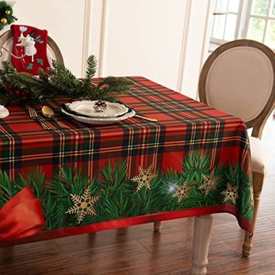 Winter Holiday Christmas Tablecloth Plaid Print Stain Resistant Polyester Tablecloth for Christmas Dinner Party Decorations