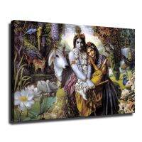 Radha Krishna แบกวัวและขลุ่ยของเขาข้างแม่น้ำผ้าใบโปสเตอร์ศิลปะและศิลปะบนผนังพิมพ์ภาพโปสเตอร์อุปกรณ์ตกแต่งห้องนอนครอบครัวที่ทันสมัย (16 × 24นิ้ว-กรอบ)