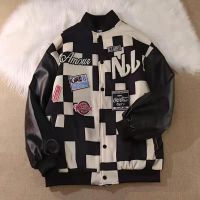 CODHaley Childe 【Ready stock】M-3XL Color Block Bomber Jackets English Alphabet Bomber Jacket National Trendy Jacket Black White Checkerboard Plaid Baseball Uniform Men Women Spring Autumn European American Style High Street Love