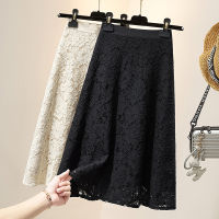 Spring Autumn High Waist Lace Flower Midi Skirt Women Vintage A-Line Skirts Woman Black Beige Clothes