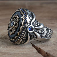 Electroplating 925 Silver Oxide Two Color and 18K Gold Black Agate Ring Turkey Carved Sapphire Big Ring For Men Fine Jewelry