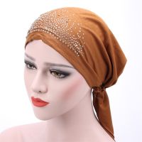 Tudung ฮิญาบแบบมีสายคาดศีรษะสว่านร้อนสำหรับสตรีมุสลิมอิสลามอาหรับหมวกฮิญาบชั้นในผ้าพันหัวคลุมผมร่วงหมวกคีโมผ้ายืดโพกศีรษะ