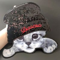 27CM Cat Patches For Clothing Black Sequins Biker Badge Embroidery Fabric Patch Sequined Women Clothes Stickers Strange things  Furniture Protectors