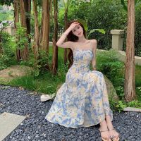 French blue broken beautiful condole belt female summer dust texture painting dress beach skirt advanced dress