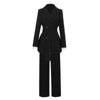 TWOTWINSTYLE Temperament Black Two Piece Set For Women Notched Long Sleeve Sashes Blazer High Waist Wide Leg Pants Female Sets