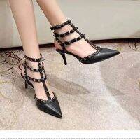 Fashion stud pointed toe stiletto heel 2023 valentinoˉnew versatile nude strap one buckle willow sandals womens summer