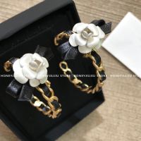 Luxury Jewelry Top Quality Brand Camellia Bow Black Gold Chain Big Circle Earrings For Women Fashion Designer Runway Trends