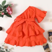 Toddler Kids Girls Summer Casual Dresses One Shoulder Solid Belt Bowknot Layered Dress Sundress Clothes Drop Shipping  by Hs2023