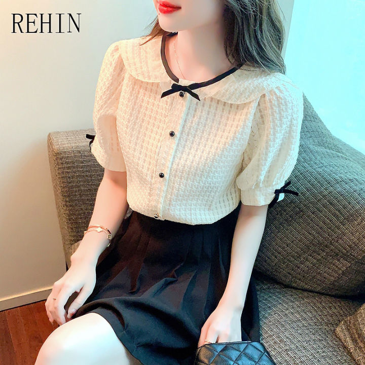 rehin-เสื้อสตรีคอปกตุ๊กตาลูกไม้แขนสั้นเสื้อใหม่ผูกโบว์เสื้อชีฟอง