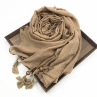 【YF】 Fashion Soft Solid Color Scarf Muslim Women Hijab with Tassel Beaded Scarves Ramadan Turban Shawls Headscarf Bandanas