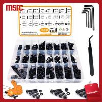 MSRC 600Pcs M3/M4/M5/M6 ชุดแหวนรองน๊อตและน๊อต สีดำสีดำ เหล็กคาร์บอนสตีล สกรูสำหรับเครื่องจักร พร้อมประแจหกเหลี่ยมและแหนบ สลักเกลียวเมตริก มืออาชีพด้านการ