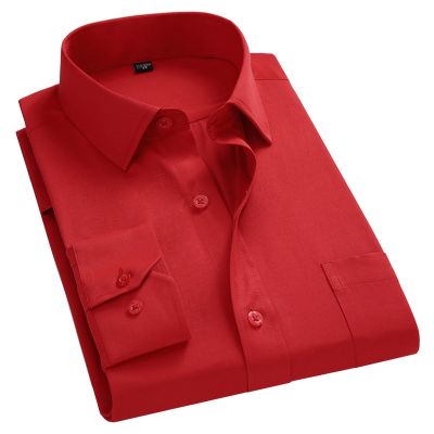 HOT11★2023 New Men Business Cal Long Sleeved Shirt For Male Solid Color Dress Shirts Slim Fit Chemise Homme Camisa Social Red 8XL