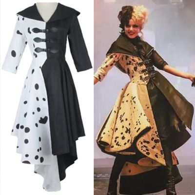 Cruella De Vil Cosplay Costume Women Gown Black White Maid Dress With Gloves Hoodie Skirt Wigs Outfits Halloween Party Cos Suits