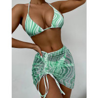 2022 New Striped Print Three Pieces Bikini Set With Beach Skirt Swimwear Women Swimsuit Female Halter Bikini Bather Bathing Suit