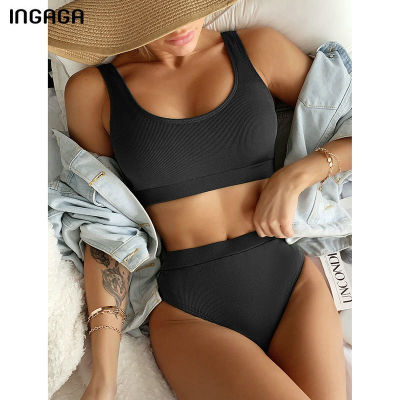 INGAGA Push Up Bikini Set Womens Swimsuit 2022 Ribbed Swimwear Women High Waist Bathing Suit Sexy Bikinis Black Beach Wear New