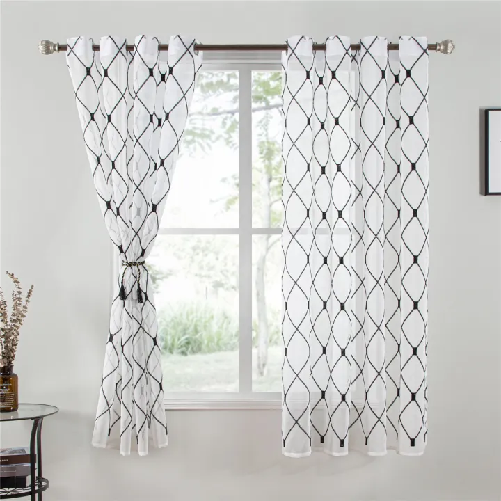 Elegant White Sheer Curtains, Sheer White Curtains With Geometric Pattern