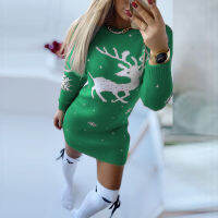 2021 New Sexy Bodycon Christmas Sweater Dress Fashion Snowflake Elk Jacquard Mini Dresses Casual O-Neck Long Sleeve Women Dress